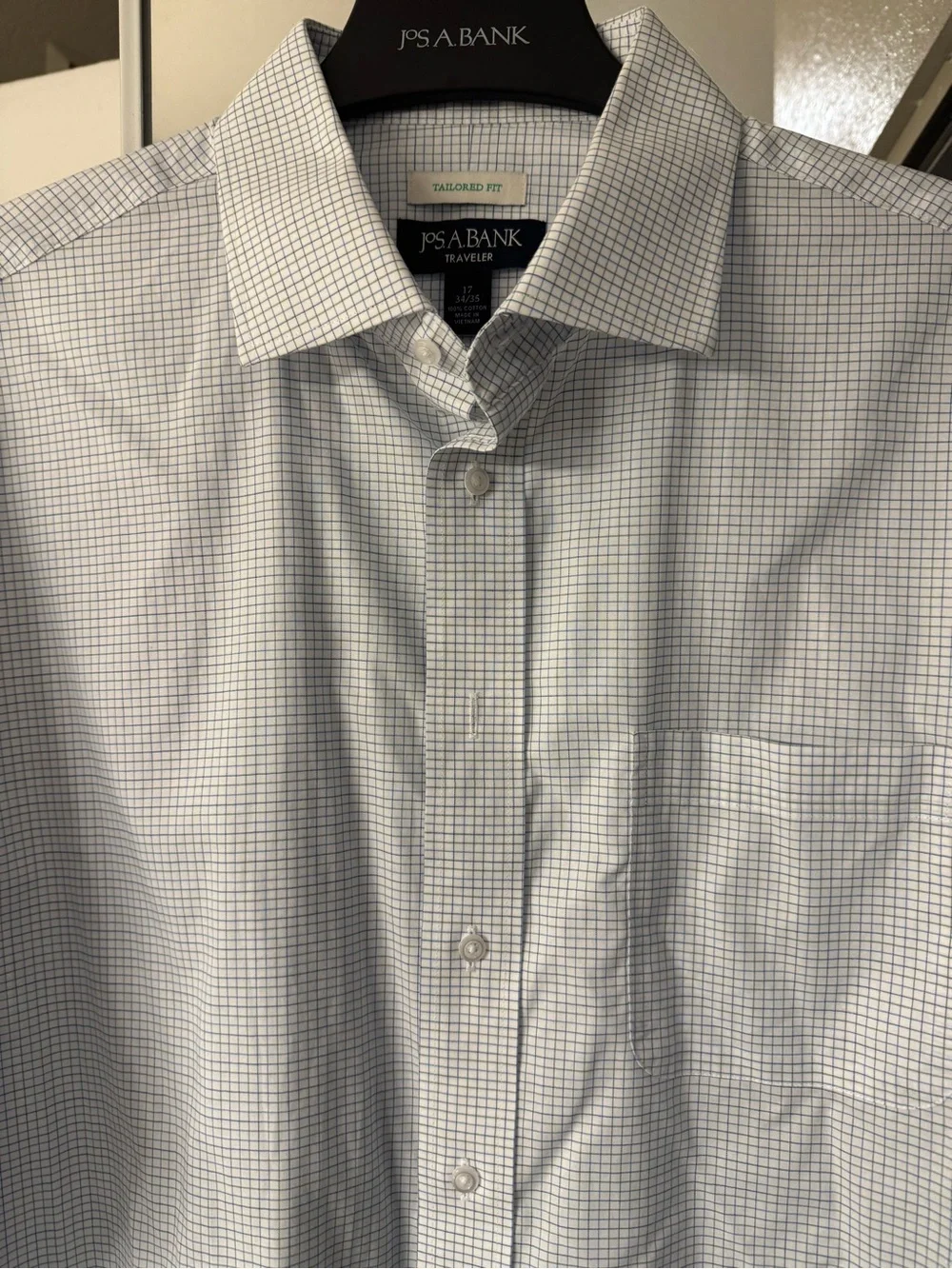 Jos. A. Bank Tailored Fit White Dress Shirt with Blue Windowpane